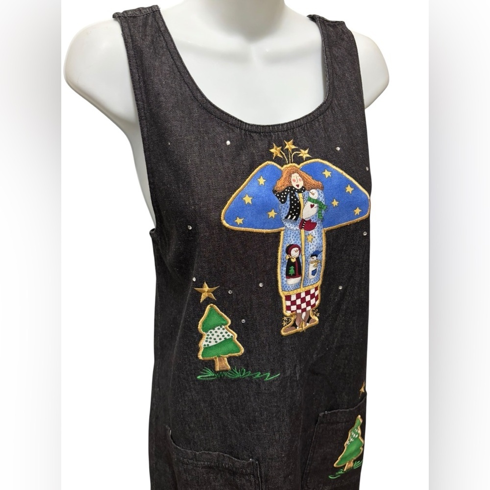 VTG Y2K Denim Midi Jumper Dress Sz L Appliquéd Country Angels Oversized Pockets - Picture 5 of 11
